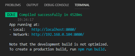 npm run serve terminal output